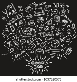 Hand drawn business idea doodles icons set on black board. Vector illustration.