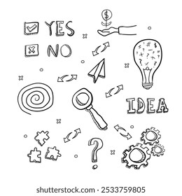 Desenhado à mão ideia de negócio ou plano pós-projeto, rabiscos ícones definir ilustração de vetor