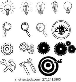 Hand drawn business idea vector collection. Rough marker sketch lightbulb, gear, magnifying glass, and target icons. Innovation and strategy concept.