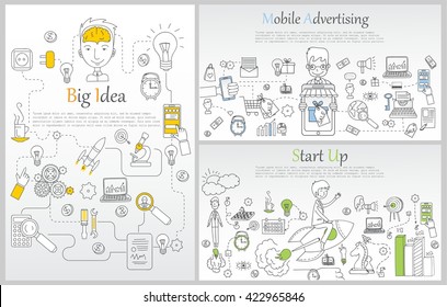 Hand drawn business ideas sketch: big idea, start up,mobile advertising