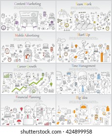 Hand drawn business ideas sketch: time management, career growth, start up, creative thinking, big idea, financial planning.