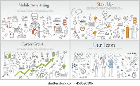 Hand drawn business ideas sketch: time management, career growth, start up, team work