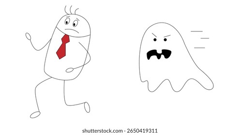 Hand Drawn Business Man is Running Away from a Ghost. Halloween international autumn holiday character vector art
