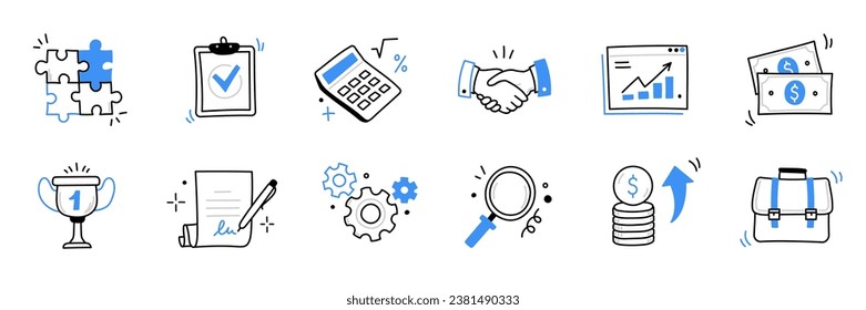 Hand draw business, money icon set. Finanzas, dinero, boceto de inversión dibujaron un lindo ícono de doodle a la moda. Dinero comercial, calculadora de finanzas, elementos de maletín económico. Ilustración del vector