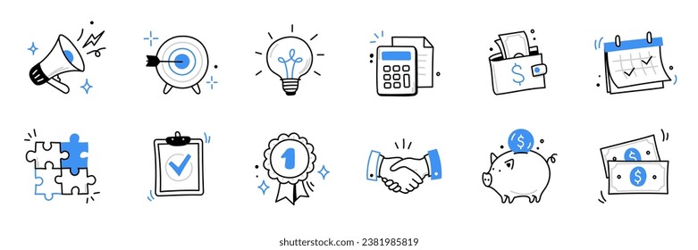 Hand drawn business, money icon set. Finance, money, marketing sketch drawn cute trendy doodle icon. Business money, finance calculator, economic elements. Vector illustration