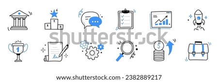 Hand drawn business, money icon set. Finance, money, marketing sketch drawn cute trendy doodle icon. Business money, finance calculator, economic elements. Vector illustration