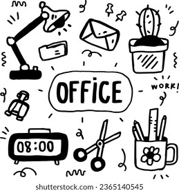 hand drawn business office objects line design.