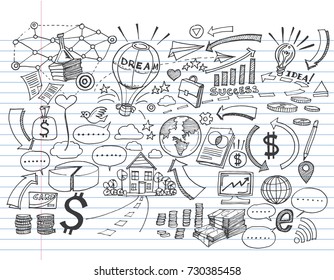 Hand Drawn Business on lined notebook paper,Doodles vector illustration.