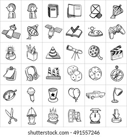 Hand drawn business package icons. There are simple icons related to communication, business and media. 
