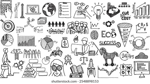 Ícones de rabiscar de esboço de plano de negócios desenhado à mão em plano de fundo transparente. Ilustração vetorial.