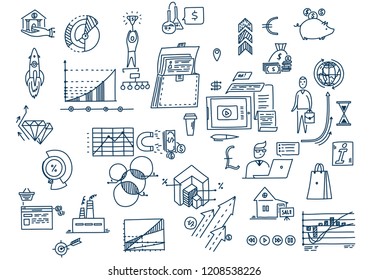 Hand drawn business planning symbols doodle elements.