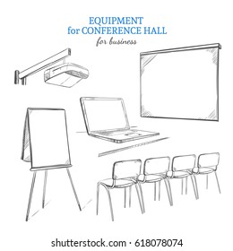 Hand drawn business presentation equipment set with projector flipchart whiteboard laptop and chairs isolated vector illustration