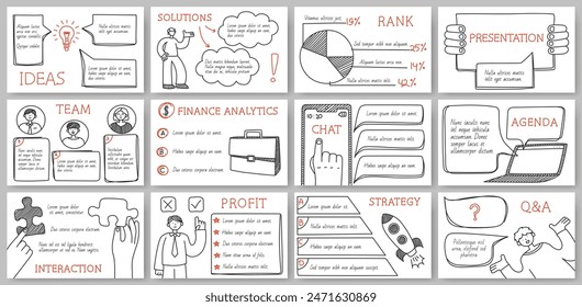 Hand drawn business presentation templates. Report slides with doodle style frames, character illustrations and infographics. Vector set