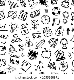 Hand drawn business seamless pattern with financial doodle sketch elements: hourglass, book, arrow, graph, chart, laptop, tool. Vector illustration.