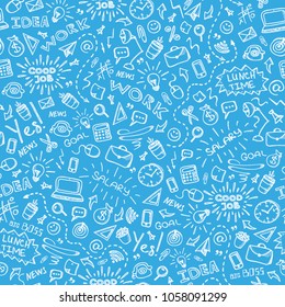 Hand drawn business seamless pattern with doodles icons set on blue background. Business Background. Vector illustration