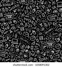Hand drawn business seamless pattern with doodles icons set on black board. Business Background. Vector illustration