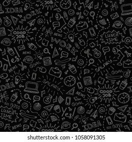 Hand drawn business seamless pattern with doodles icons set on black board. Business Background. Vector illustration