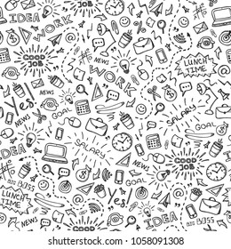 Hand drawn business seamless pattern with doodles icons set on white background. Business Background. Vector illustration