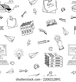 Hand drawn business seamless pattern with financial doodle sketch elements hourglass, book, arrow, graph, chart, laptop, tool. Vector illustration.