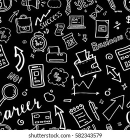 Hand drawn business seamless pattern with financial doodle sketch  elements: hourglass, book, arrow, graph, chart, laptop, tool. Vector illustration.