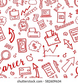 Hand drawn business seamless pattern with financial doodle sketch  elements: hourglass, book, arrow, graph, chart, laptop, tool. Vector illustration.