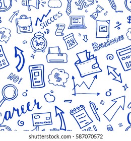 Hand drawn business seamless pattern with financial doodle sketch  elements: hourglass, book, arrow, graph, chart, laptop, tool. Vector illustration.