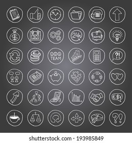 Hand drawn business set of buttons with arrows, diagrams, puzzle pieces, thumbs up and more. Vector illustration. 