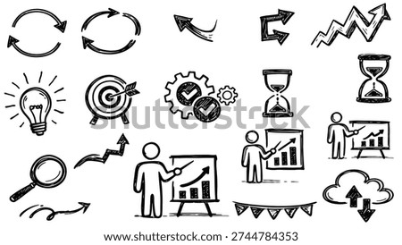 Hand Drawn Business Strategy Doodle Icons Set with Growth Chart Target Lightbulb Gears Hourglass Cloud Upload Arrows and Presentation Elements for Workflow Planning and Project Management