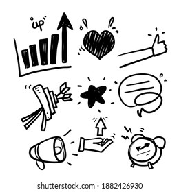 hand drawn Business strategy, Megaphone and Representative. Influence campaign, social media marketing, brand ambassador icons.in doodle style vector