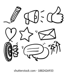 hand drawn Business strategy, Megaphone and Representative. Influence campaign, social media marketing, brand ambassador icons.in doodle style vector