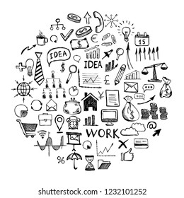 Hand drawn business symbols. Management concept with Doodle design style. 