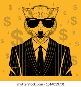 Hand drawn of business wolf of wallstreet in suit vector illustration