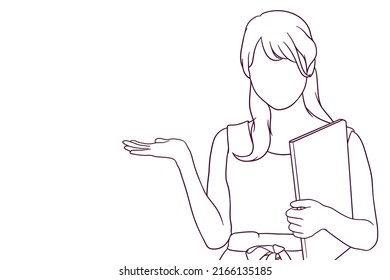 hand drawn business woman with open hand palm illustration