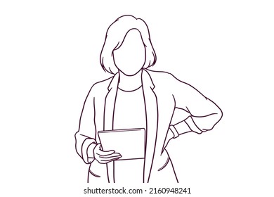 hand drawn business woman using tablet illustraton