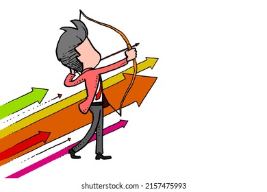 Hand drawn of Businessman aiming the target. Ready to shoot the bow. Vector illustration with isolated background