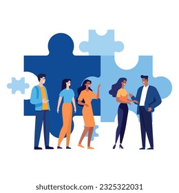 Hand Drawn Businessman with jigsaw in flat style isolated on background