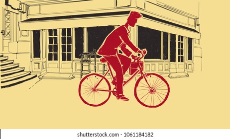 Hand drawn businessman rides a bicycle through the city on his way to Work, yellow bacground and grunge texture on top