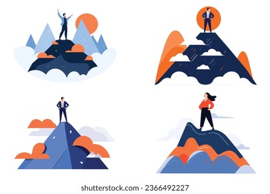 Hand Drawn Businessman standing on top of the mountain of success in flat style isolated on background