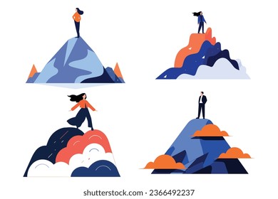 Hand Drawn Businessman standing on top of the mountain of success in flat style isolated on background