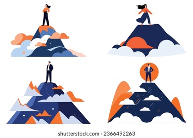Hand Drawn Businessman standing on top of the mountain of success in flat style isolated on background