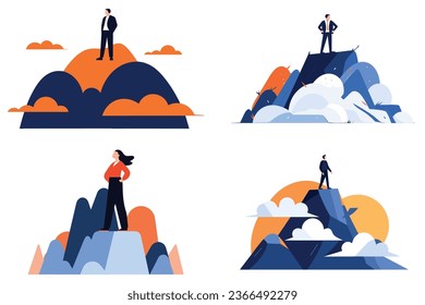 Hand Drawn Businessman standing on top of the mountain of success in flat style isolated on background