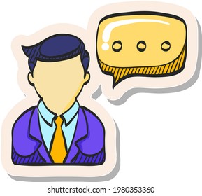 Hand drawn Businessman with talk bubble icon in sticker style vector illustration
