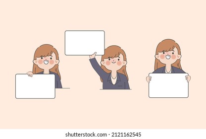 Hand drawn businesswoman holding a white placard clipart gesture character.