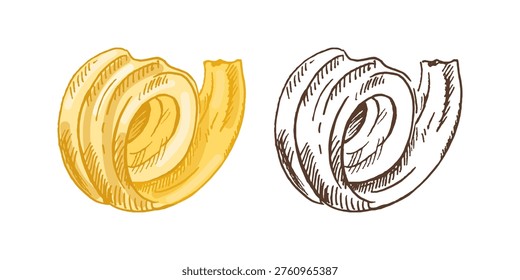 Hand drawn butter curl sketch on white background. Retro style a piece of butter image. Vintage element for labels, packaging and cards design. 