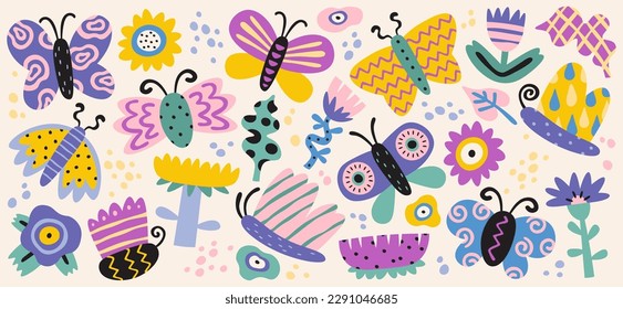 Mariposas dibujadas a mano con un patrón floral abstracto y adornos con iconos planos. Insectos coloridos con decoración de flores sobre las alas. Escarabajos antiguos decorativos de verano. Ilustraciones aisladas de color