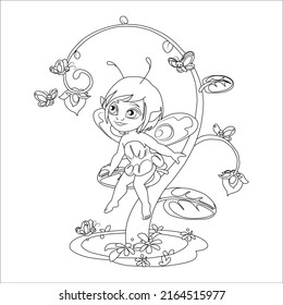 Hand drawn butterflies With beautiful fairy for the anti stress coloring page. Design elements label, emblem, poster, t-shirt. Vector illustration, Fairy coloring book, coloring book pages