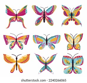 Hand drawn butterflies collection. Set of butterflies vector icons. Vector illustration for icon, logo, print, icon, card, emblem, label.