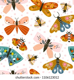 Hand drawn butterflies. Colored vector seamless pattern