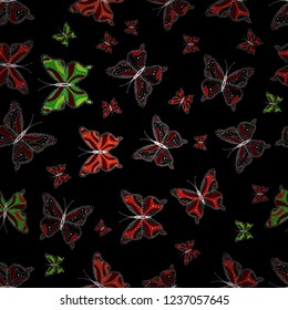 With hand drawn butterflies. Colorful romantic butterflies seamless pattern background. Decorative Vector illustration. Abstract background on red, white and black colors.