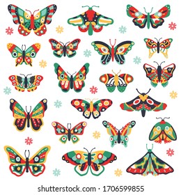 Hand drawn butterflies. Doodle colorful flying butterfly, cute drawing insects. Flower spring papillon vector illustration icons set. Butterfly insect drawing, floral pattern on wing